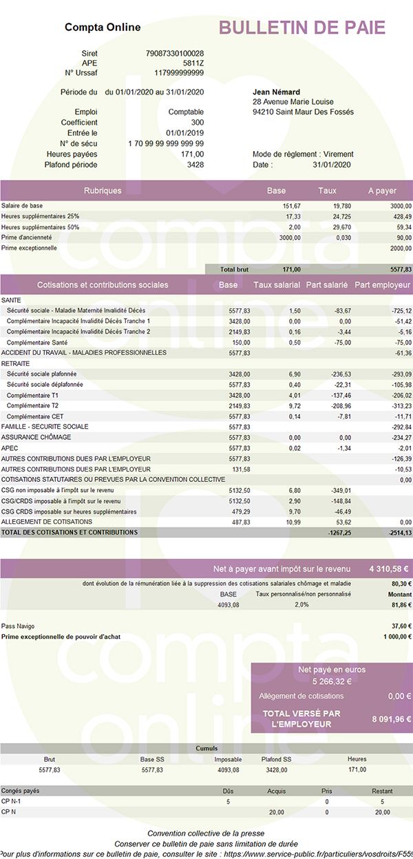 Bulletin de salaire simplifi 2020