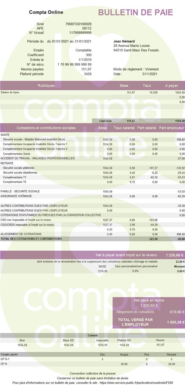 Bulletin de salaire simplifié 2021 Excel  à télécharger  gratuit