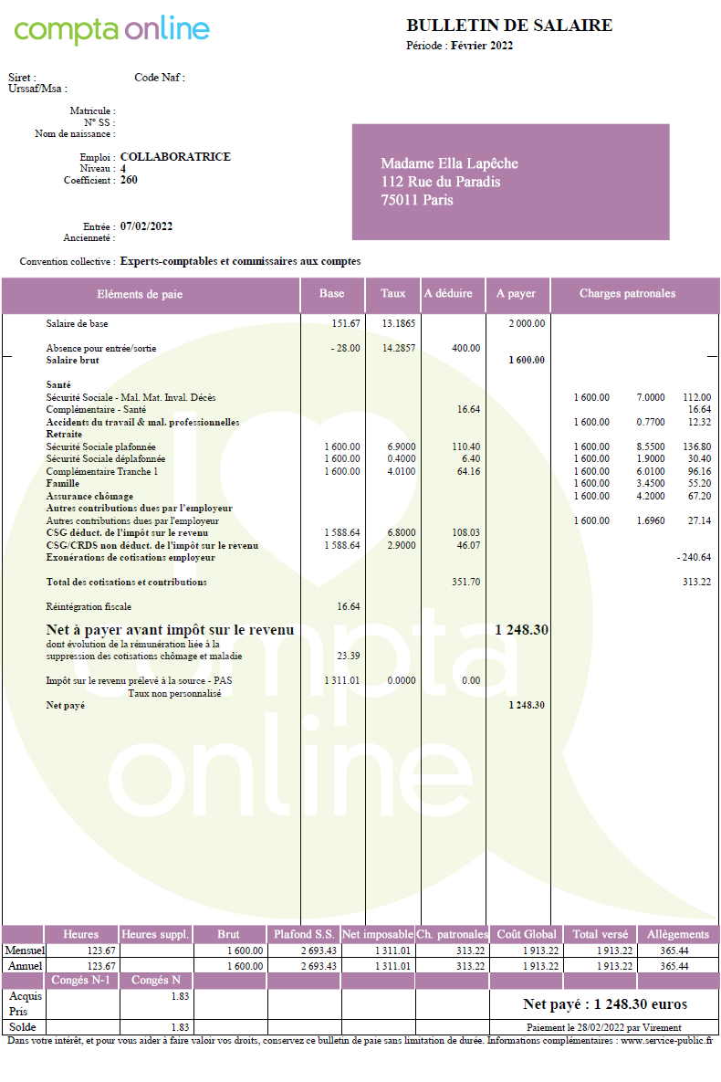 Fiche De Paie Absence Pour Entree Sortie