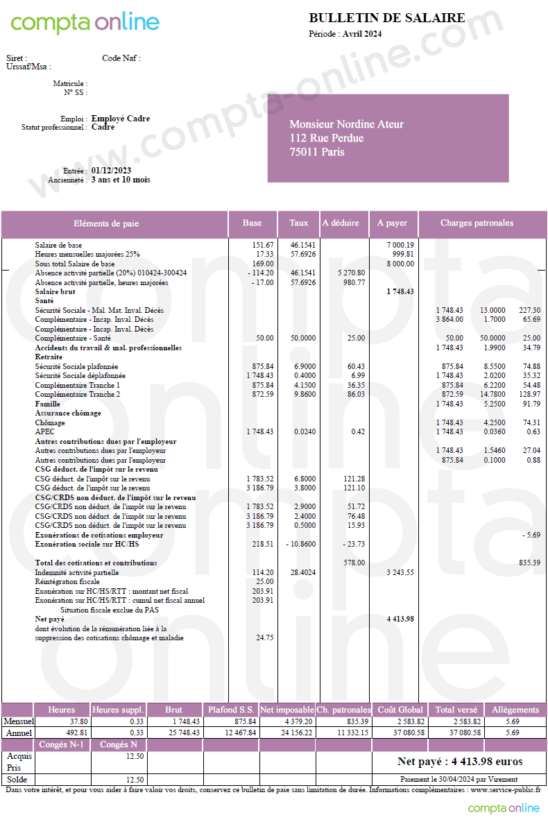 Bulletin de paie avec activit partielle