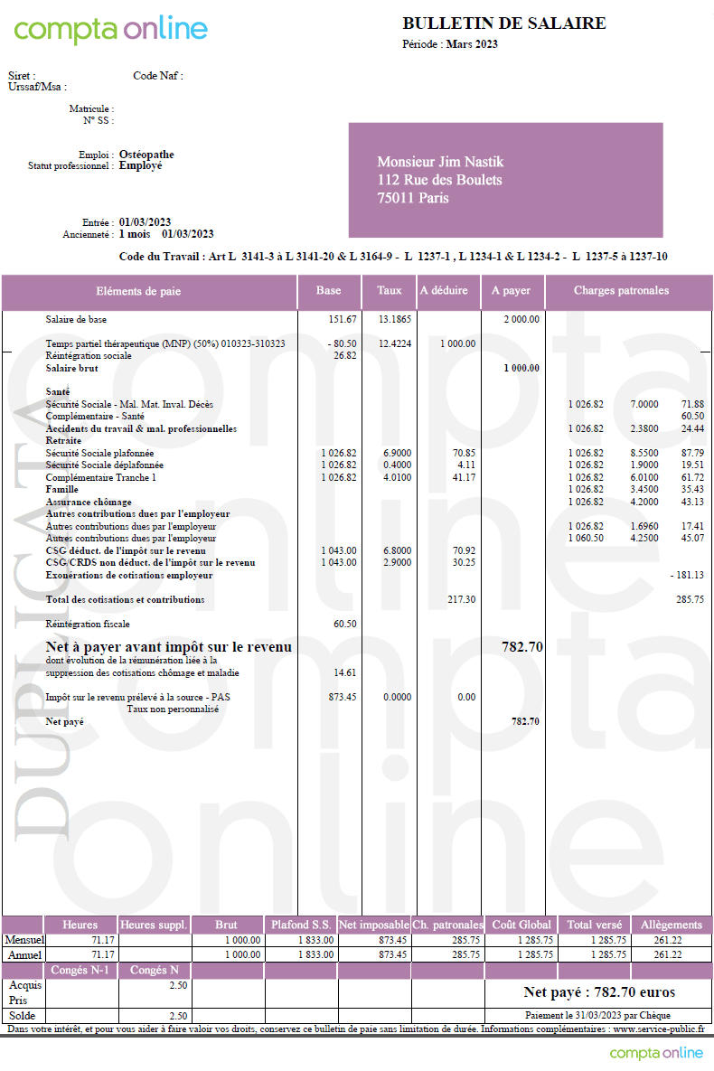 Bulletin de salaire d'un mi-temps thrapeutique