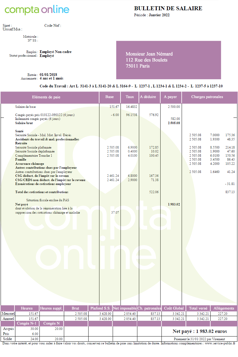 Congs pays sur sa fiche de paie