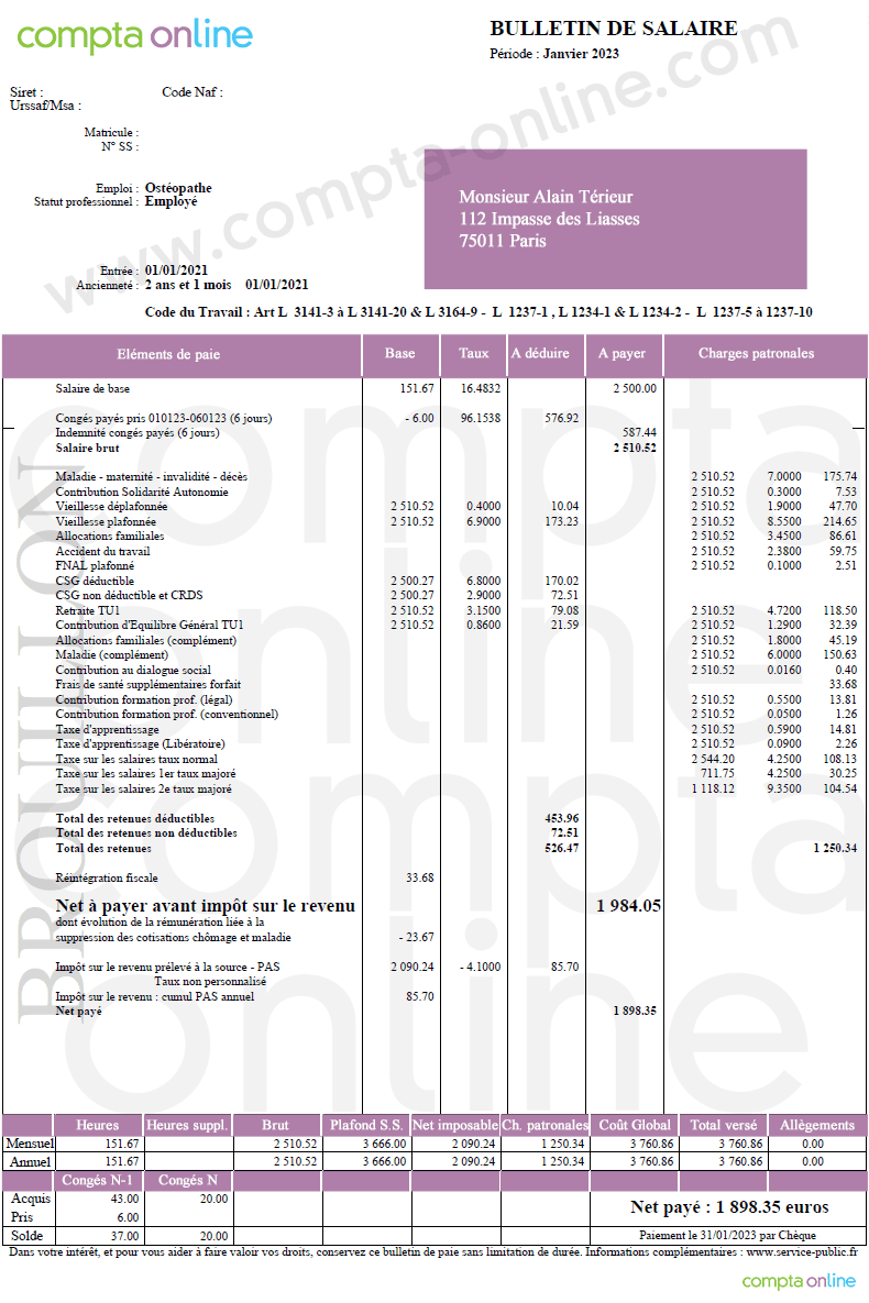 Congs pays sur sa fiche de paie