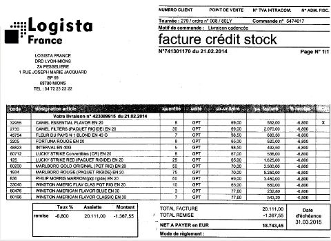 facture d'achat de tabac