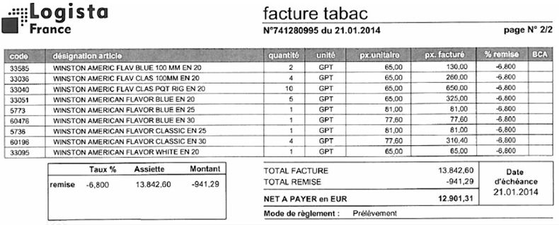 facture d'achat de tabac