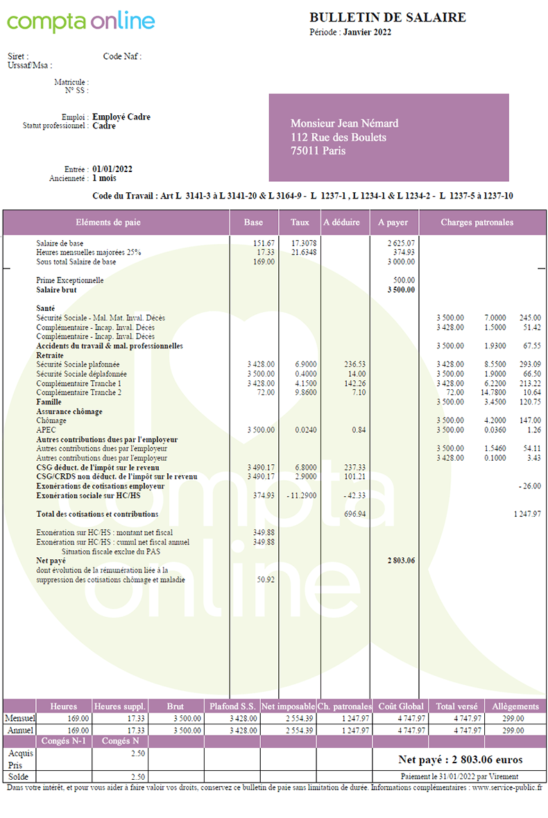 Bulletin De Paie 2022 Exemple Image to u