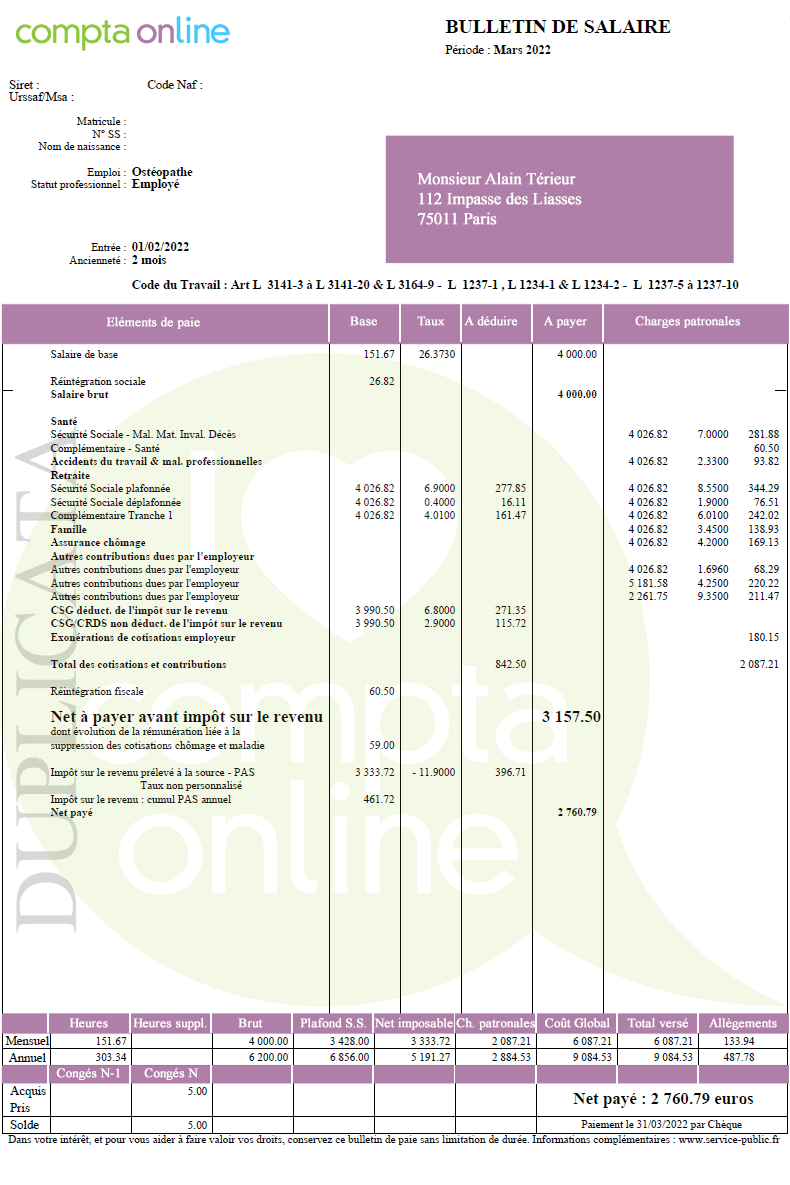 Bulletin de paie 2022 non cadre