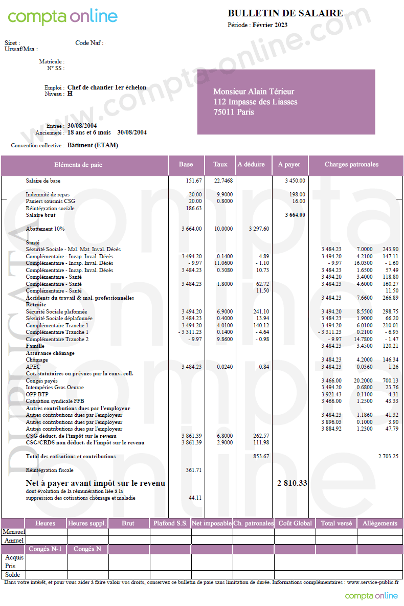 Fiche de paie BTP 2023 ETAM