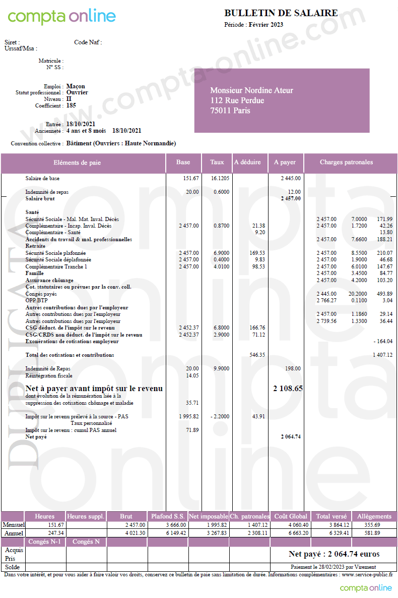 Fiche de paie BTP 2023