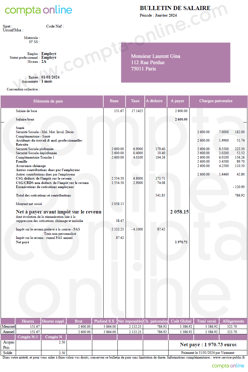 Exemple de bulletin de paie 2024 pour un non cadre