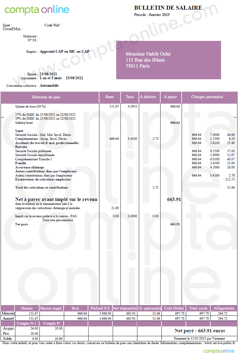 Fiche de paie 2023 apprenti sans charges salariales