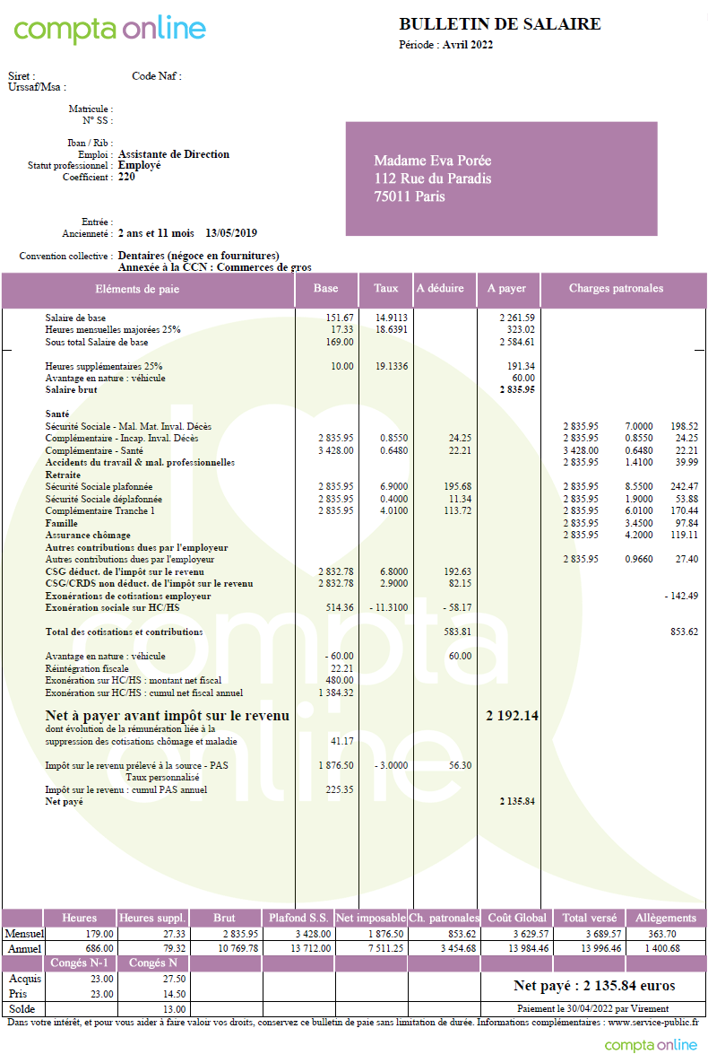 Fiche de paie avec avantage en nature vhicule