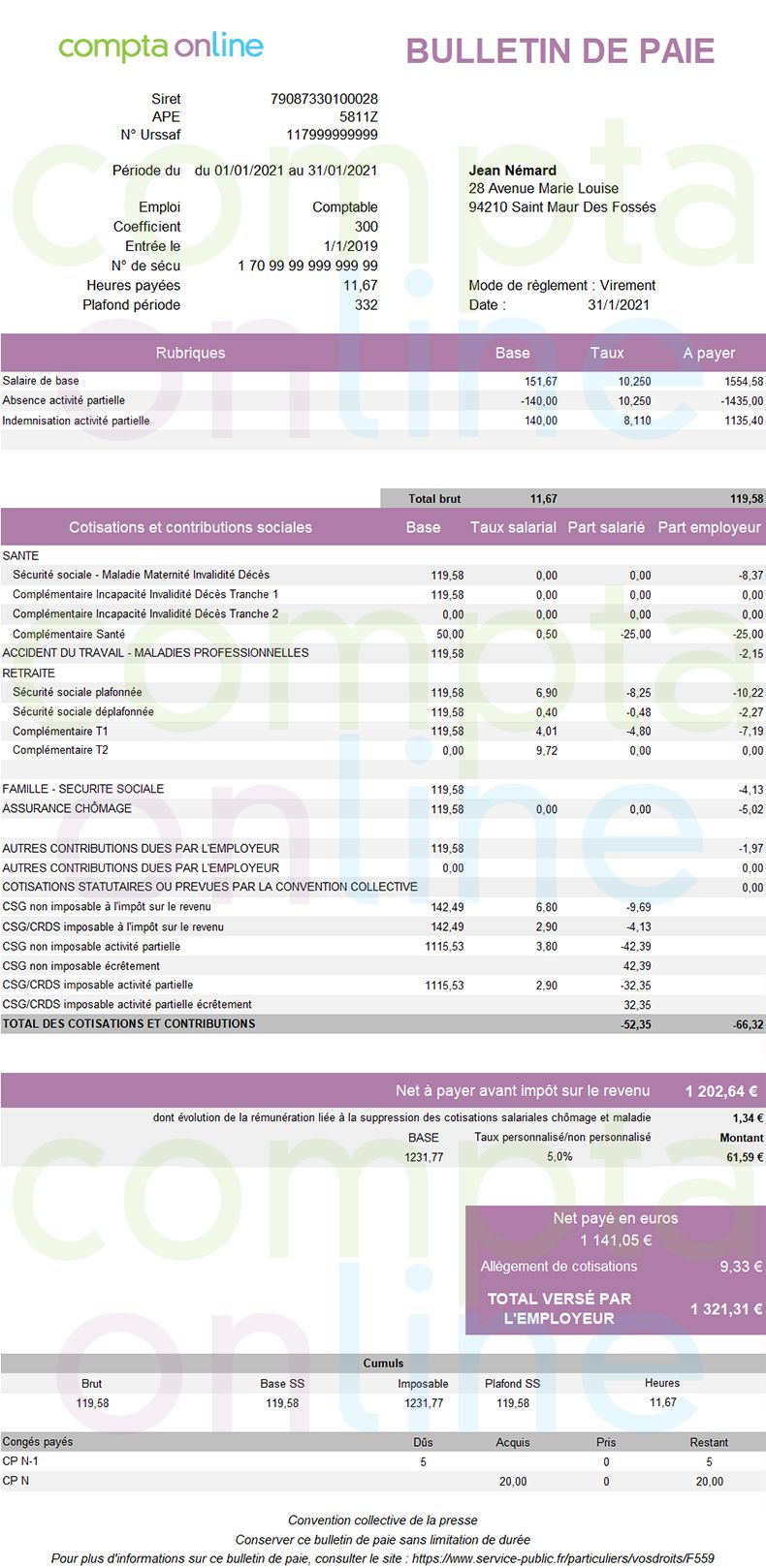 Fiche De Paie 2021 Et Chomage Partiel Exemples