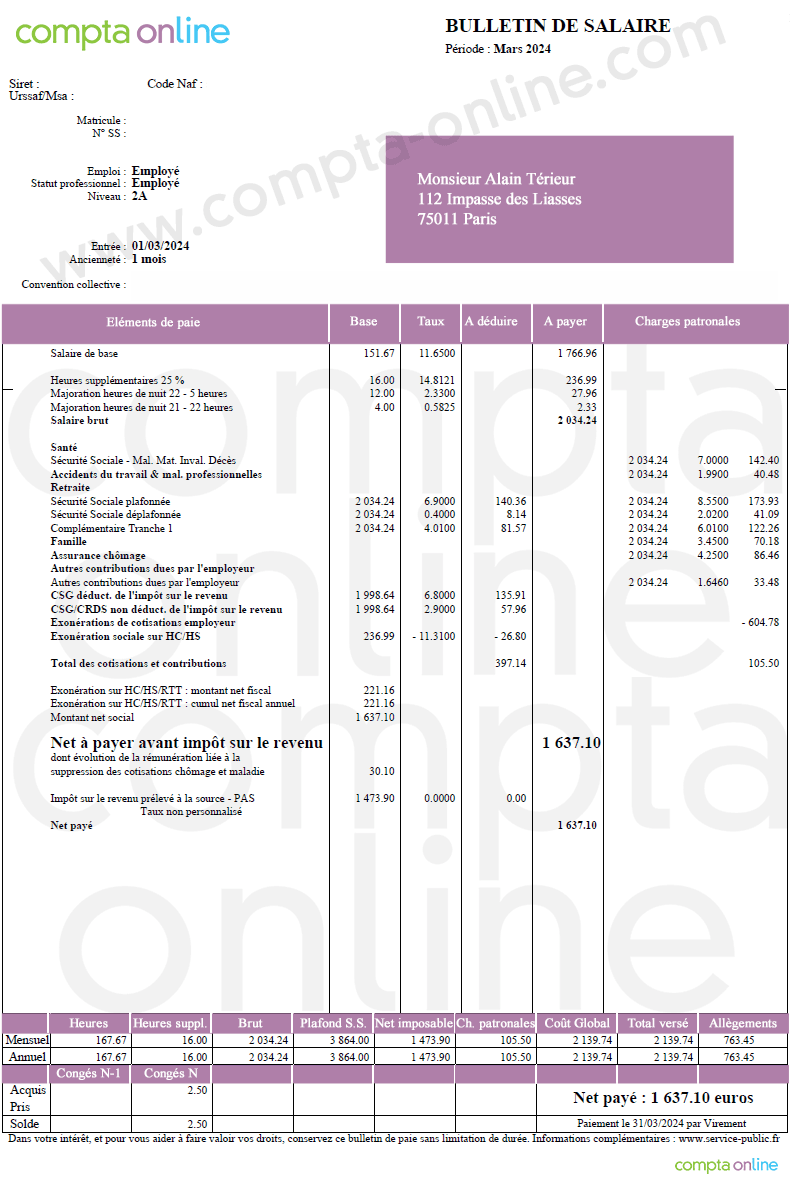 Fiche de paie avec majoration des heures de nuit