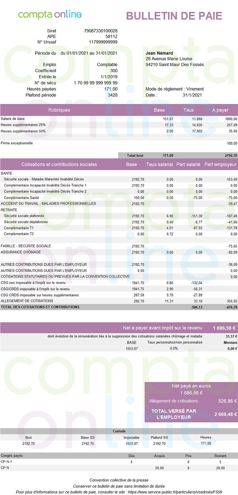 Bulletin de salaire simplifié 2021  description détaillée