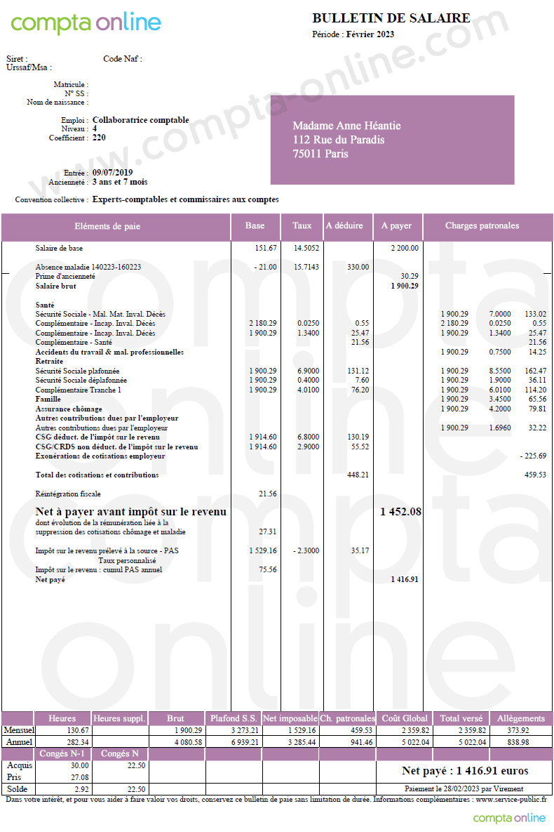 Fiche de paie sans maintien de salaire