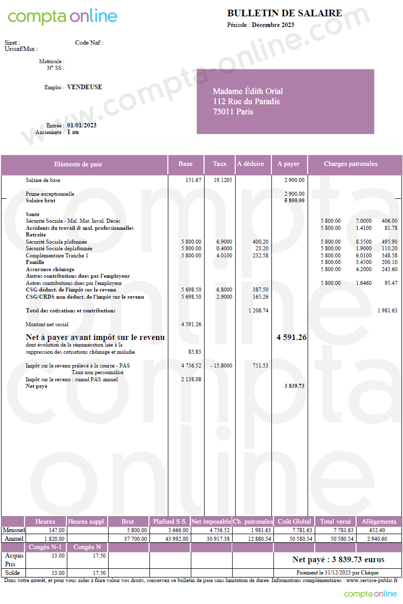 Fiche de paie avec 13eme mois