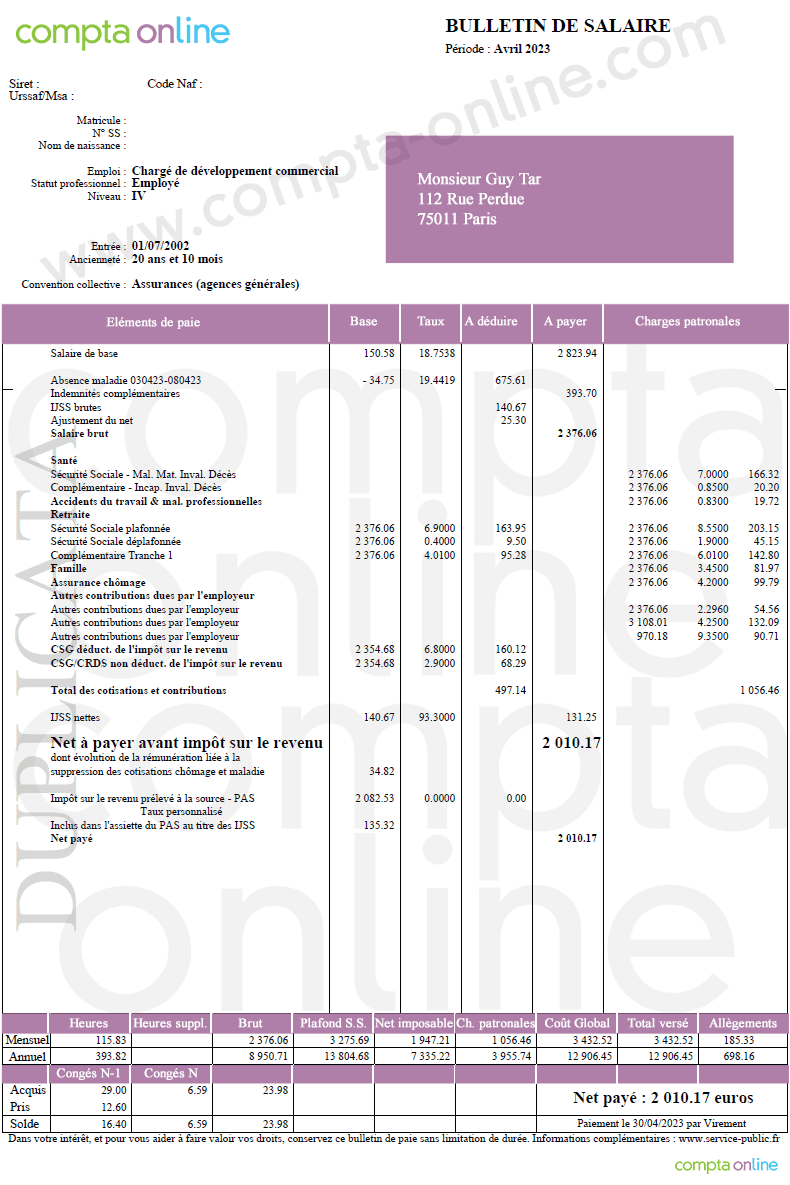 Fiche de paie 2023 : maladie et maintien de salaire lgal avec subrogation