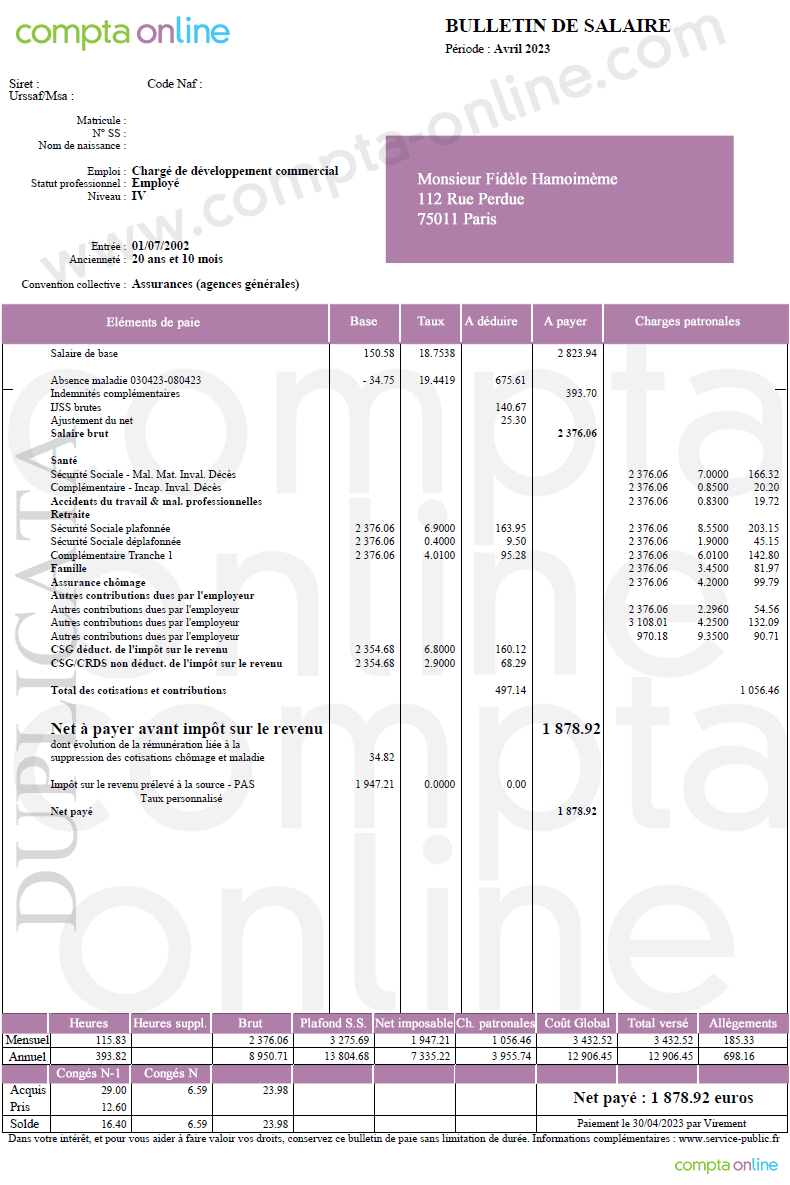 Fiche de paie 2023 : maladie et maintien de salaire lgal sans subrogation