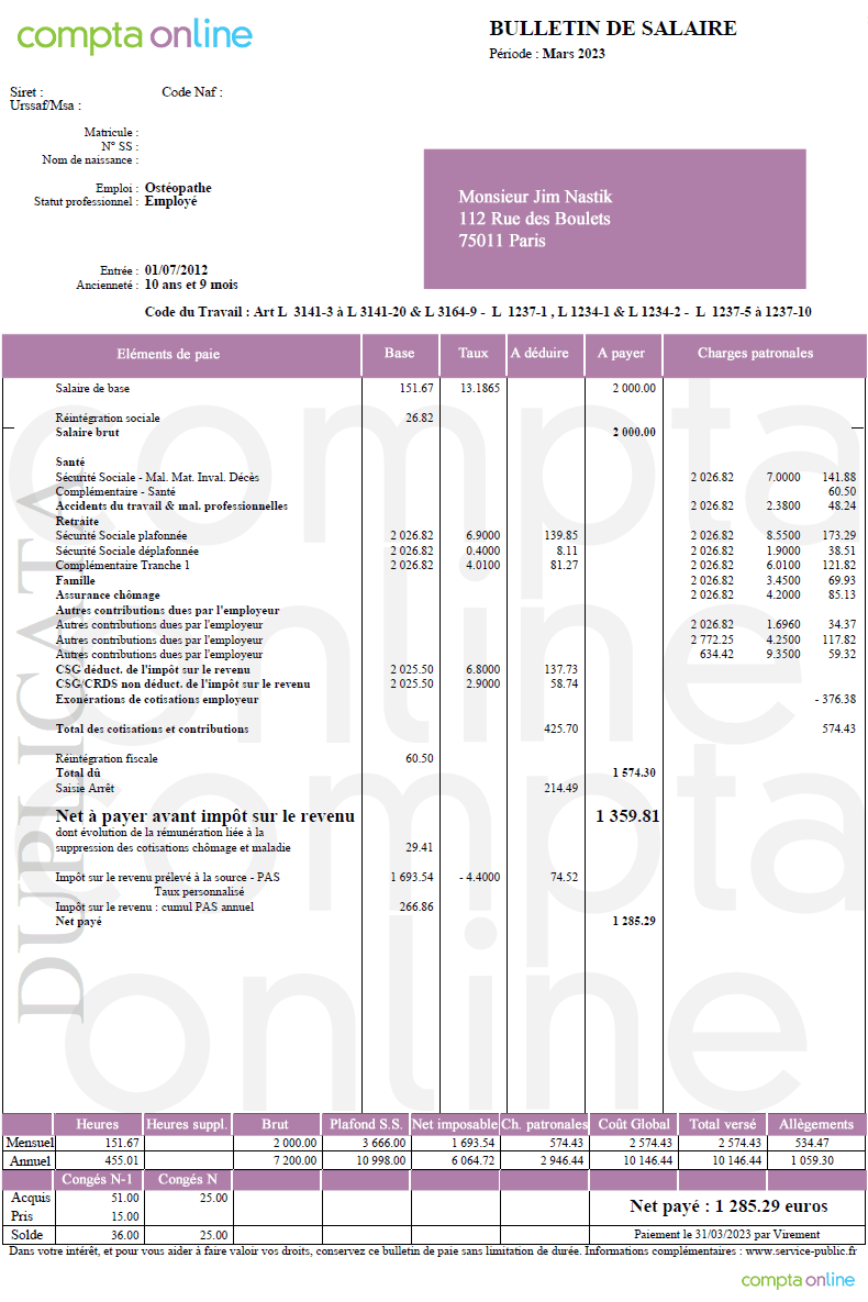 Fiche de paie 2023 avec saisie sur salaire