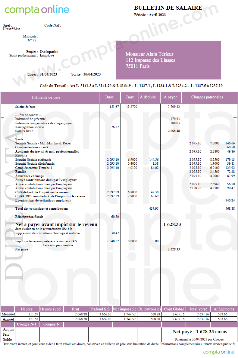 Fiche de paie fin de CDD