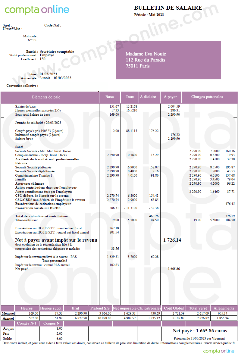 Fiche de paie tickets restaurant